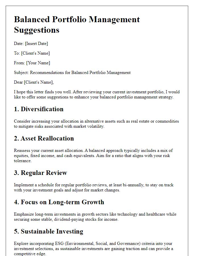 Letter template of balanced portfolio management suggestions