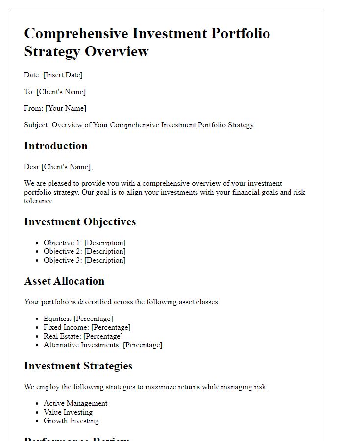 Letter template of comprehensive investment portfolio strategy overview