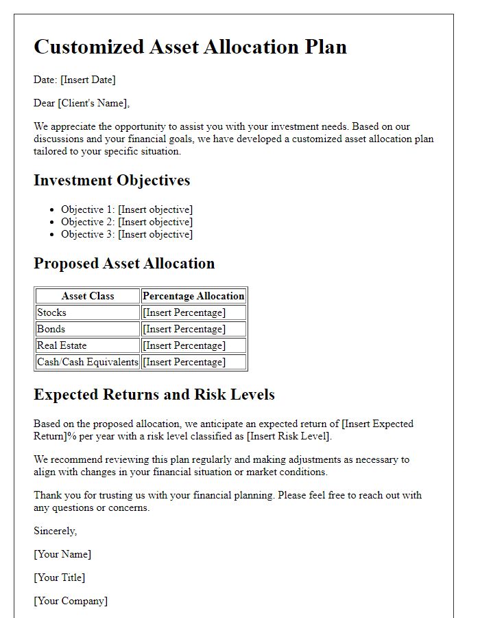 Letter template of customized asset allocation plan