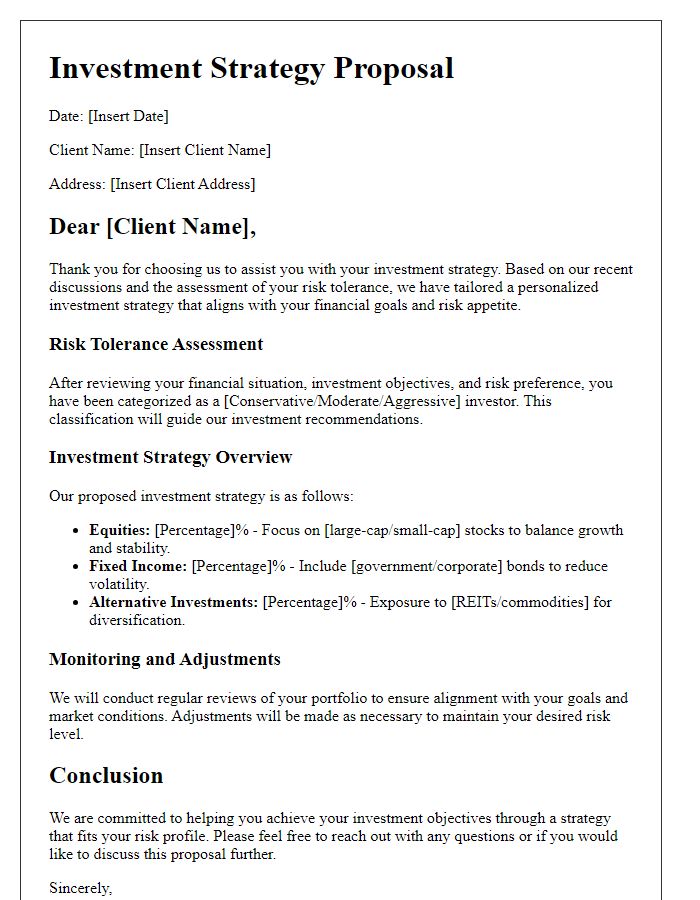 Letter template of tailored investment strategy for risk tolerance