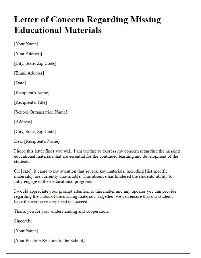 Letter template of concerns about missing educational materials.