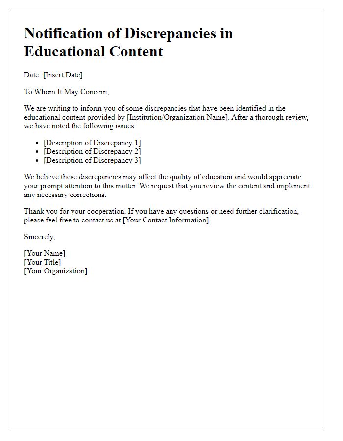 Letter template of notification about discrepancies in educational content.