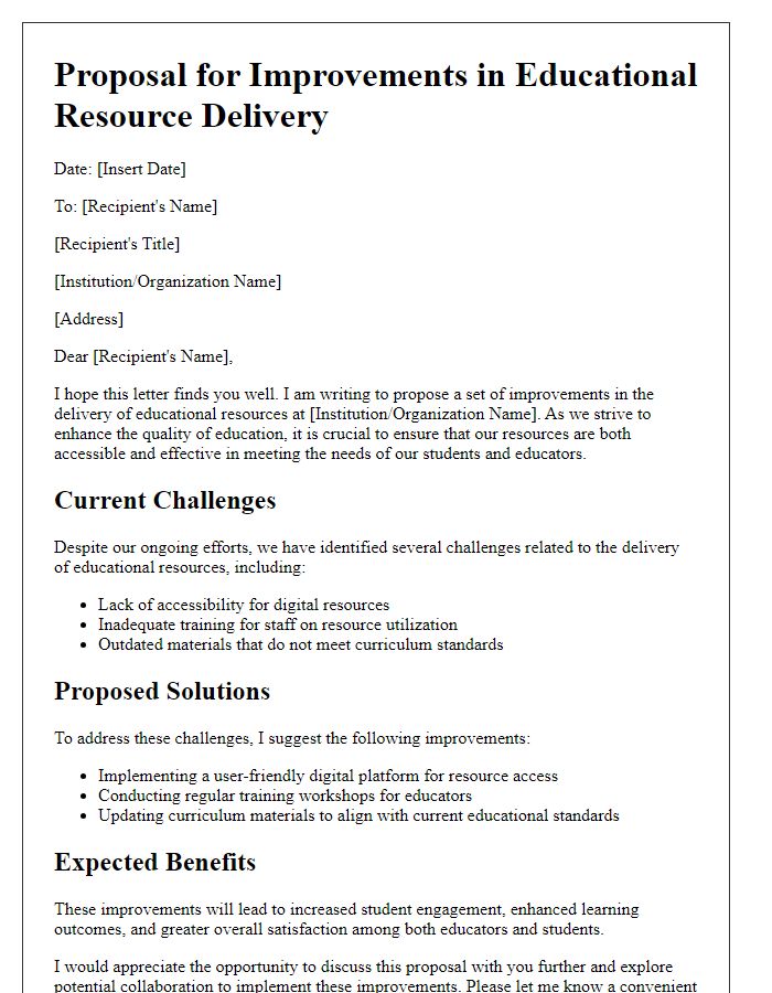 Letter template of proposal for improvements in educational resource delivery.