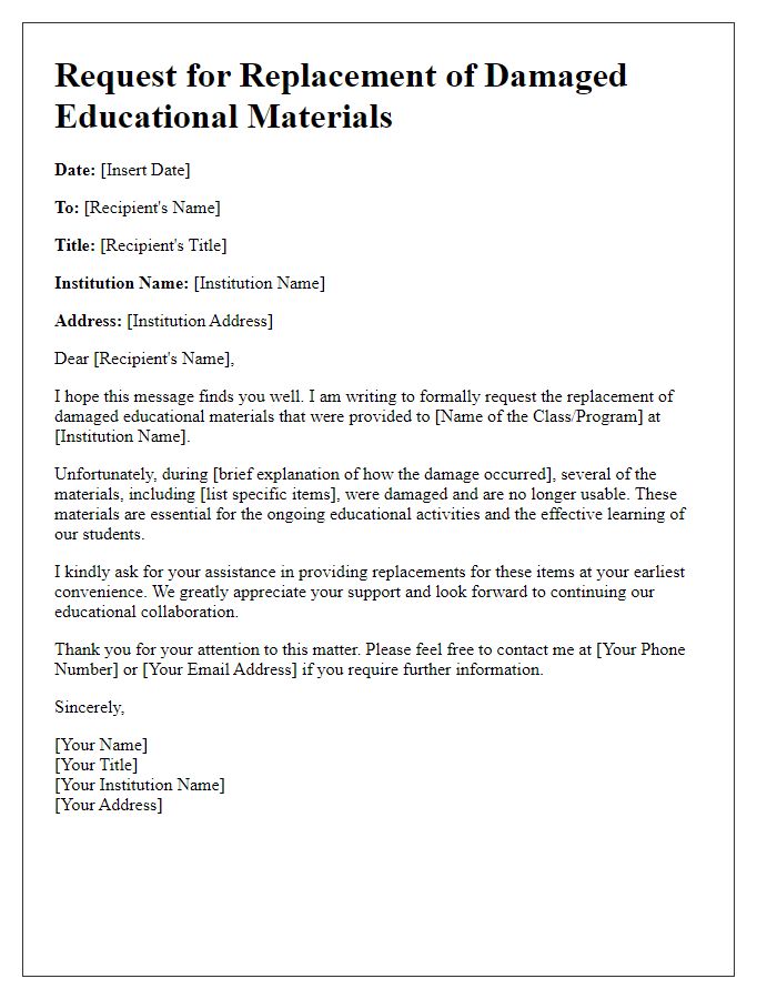 Letter template of request for replacement of damaged educational materials.