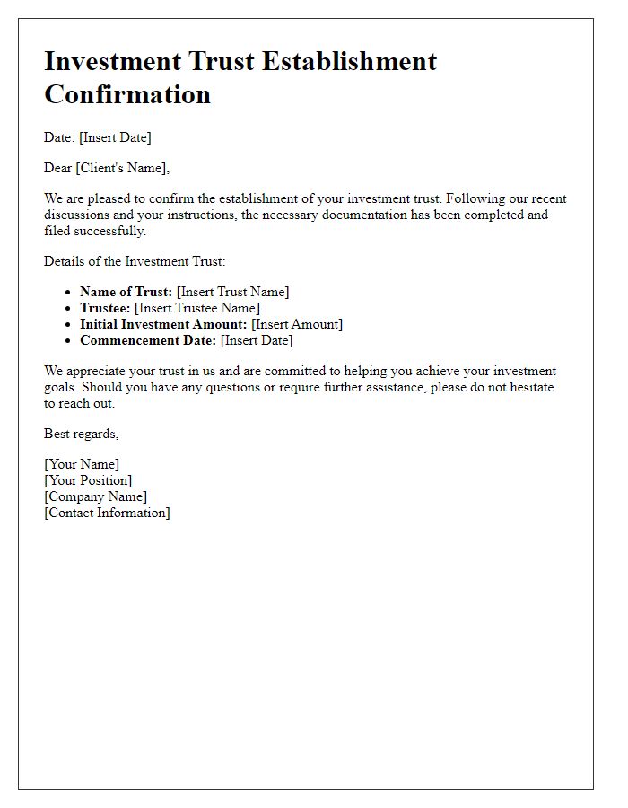 Letter template of investment trust establishment confirmation for client communication.