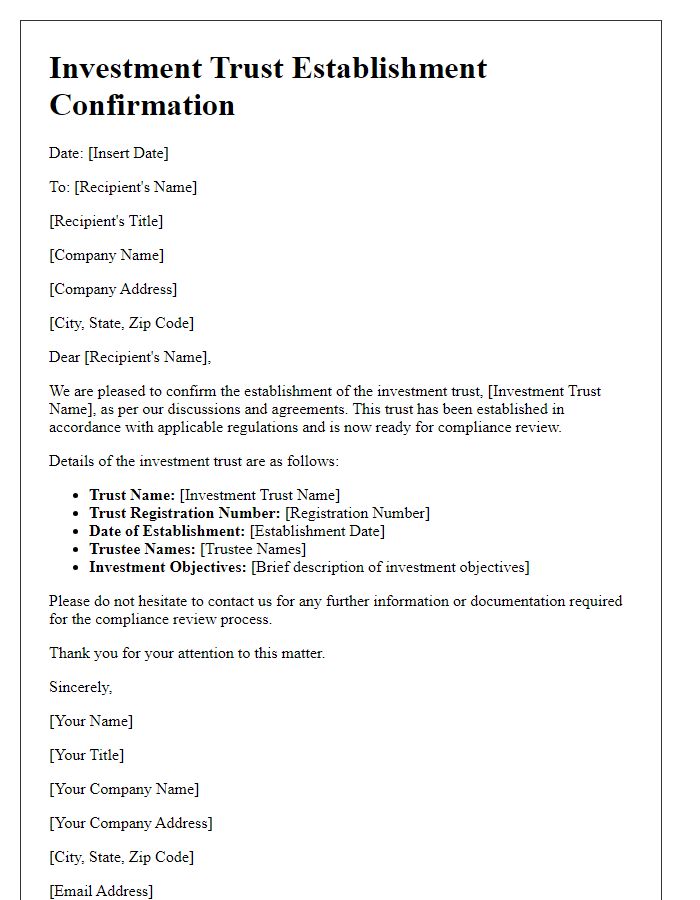 Letter template of investment trust establishment confirmation for compliance review.