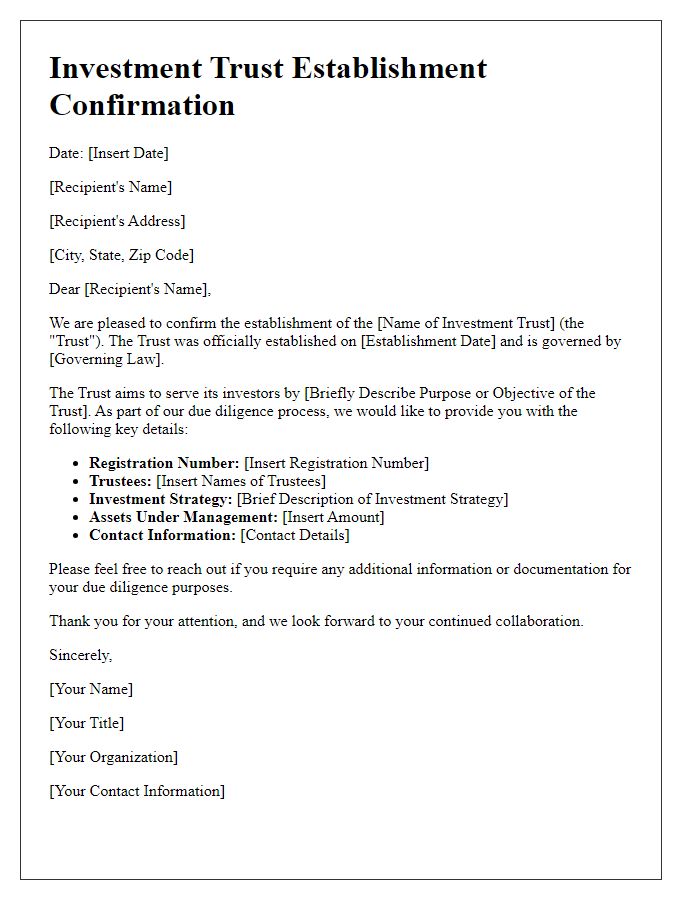 Letter template of investment trust establishment confirmation for due diligence purposes.