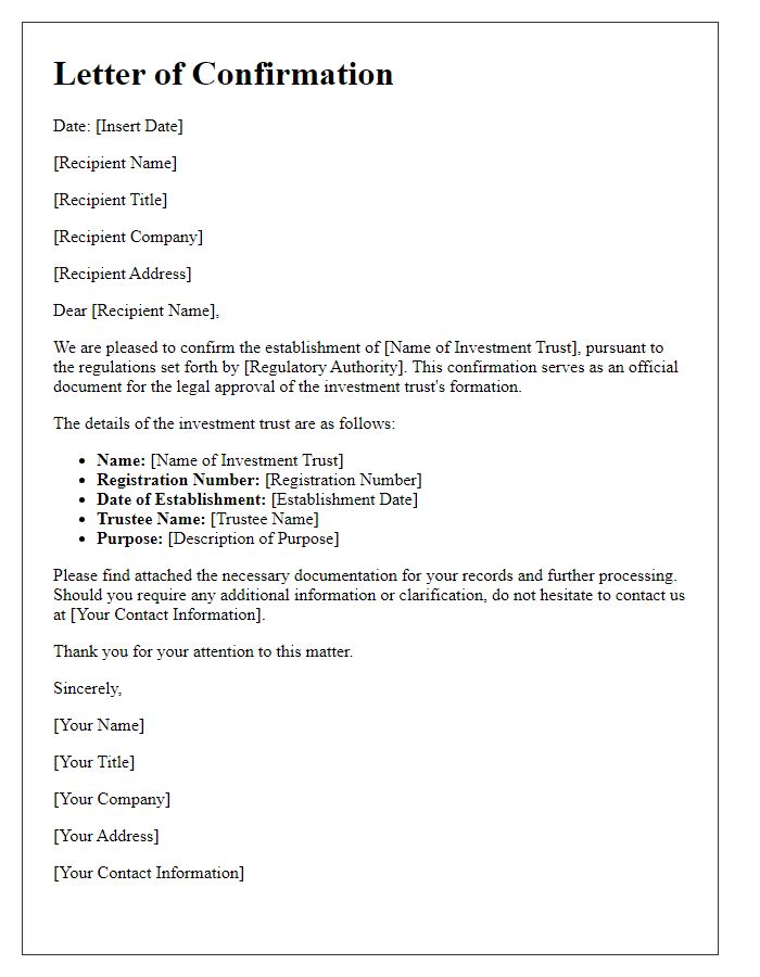 Letter template of investment trust establishment confirmation for legal approval.