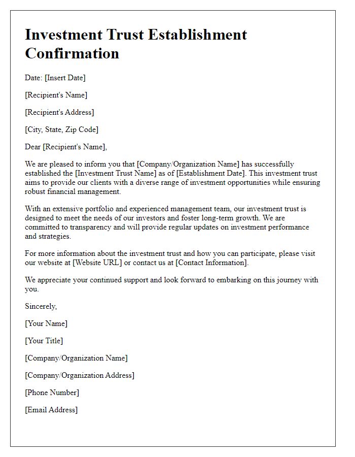 Letter template of investment trust establishment confirmation for promotional material.