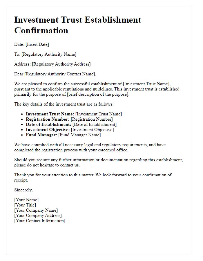 Letter template of investment trust establishment confirmation for regulatory submission.