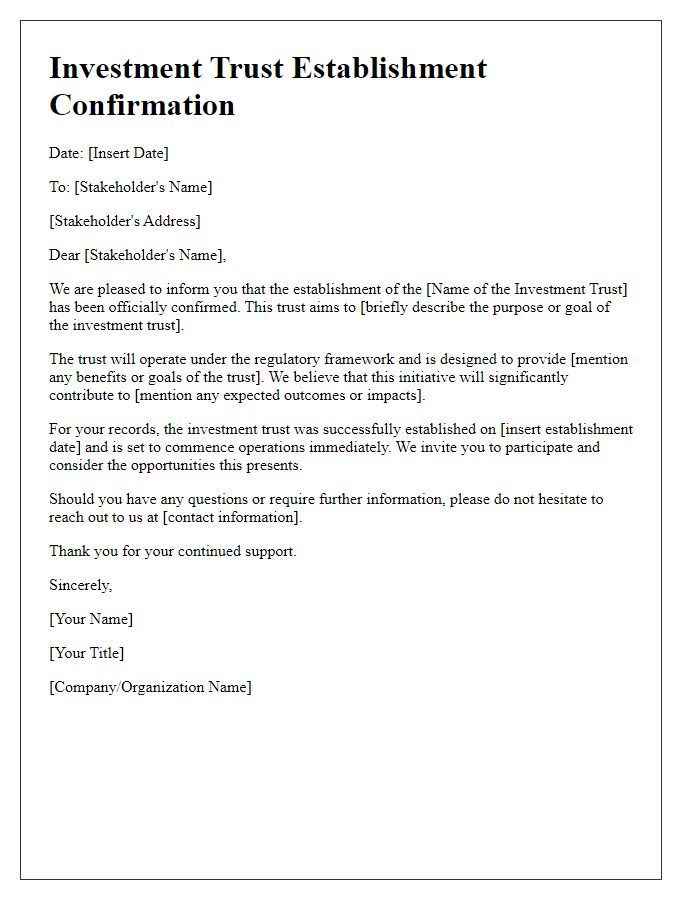 Letter template of investment trust establishment confirmation for stakeholder notification.