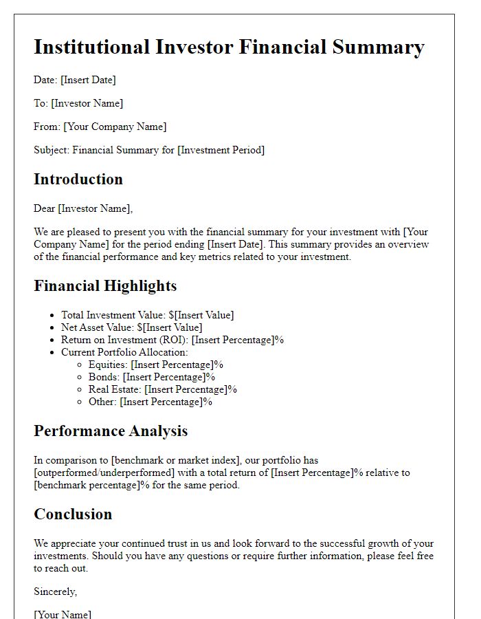 Letter template of institutional investor financial summary