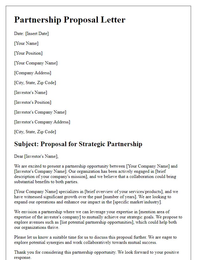 Letter template of institutional investor partnership proposal