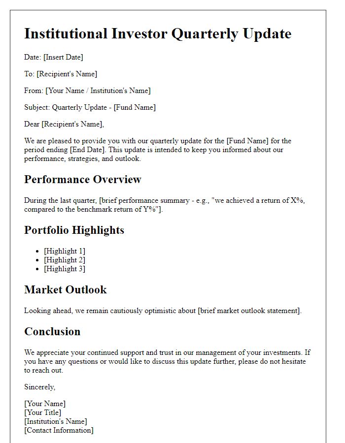 Letter template of institutional investor quarterly update