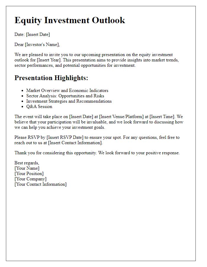 Letter template of equity investment outlook presentation for potential investors.