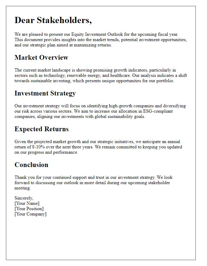 Letter template of equity investment outlook presentation for stakeholders.