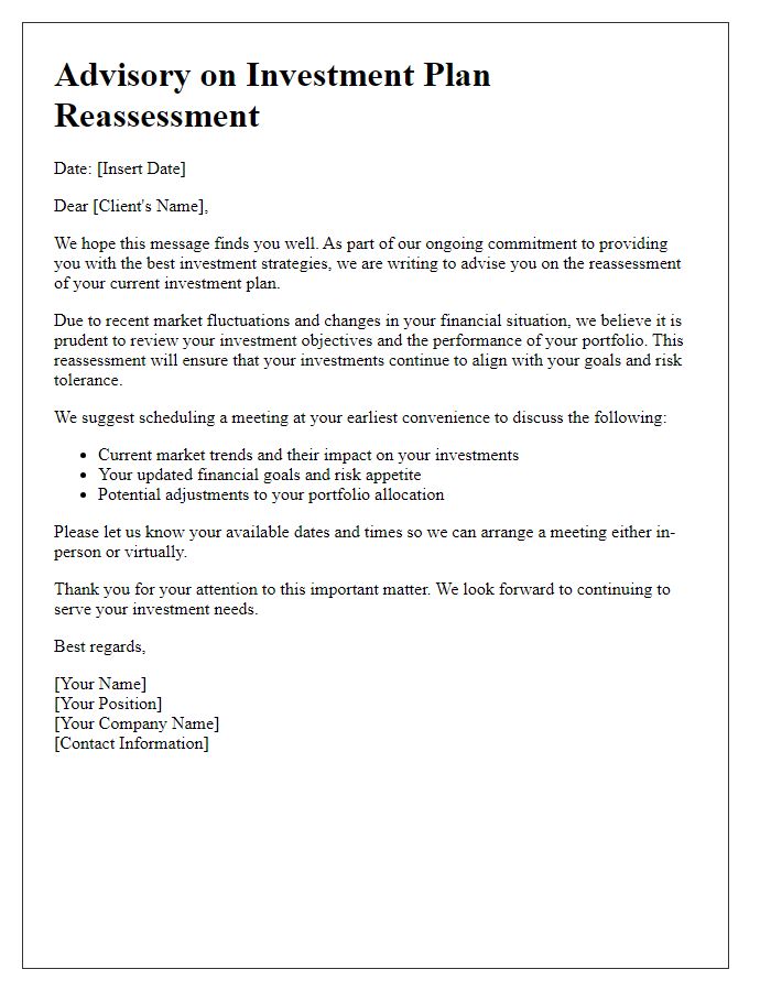 Letter template of advisory on investment plan reassessment