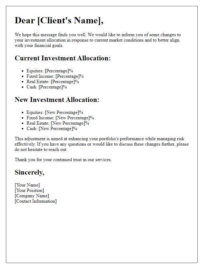 Letter template of changes to your investment allocation for clients