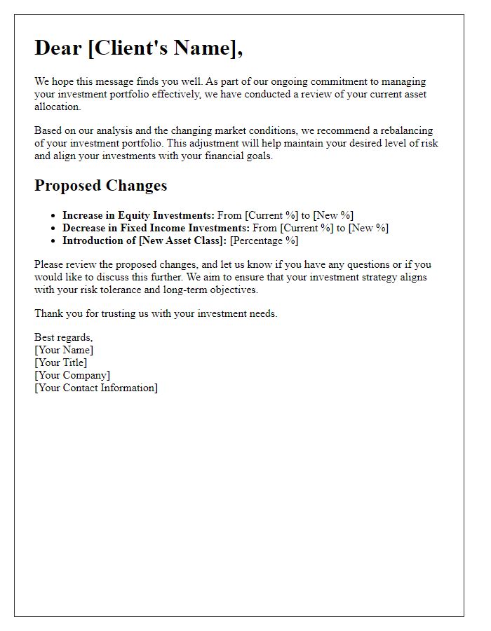 Letter template of client investment portfolio rebalancing