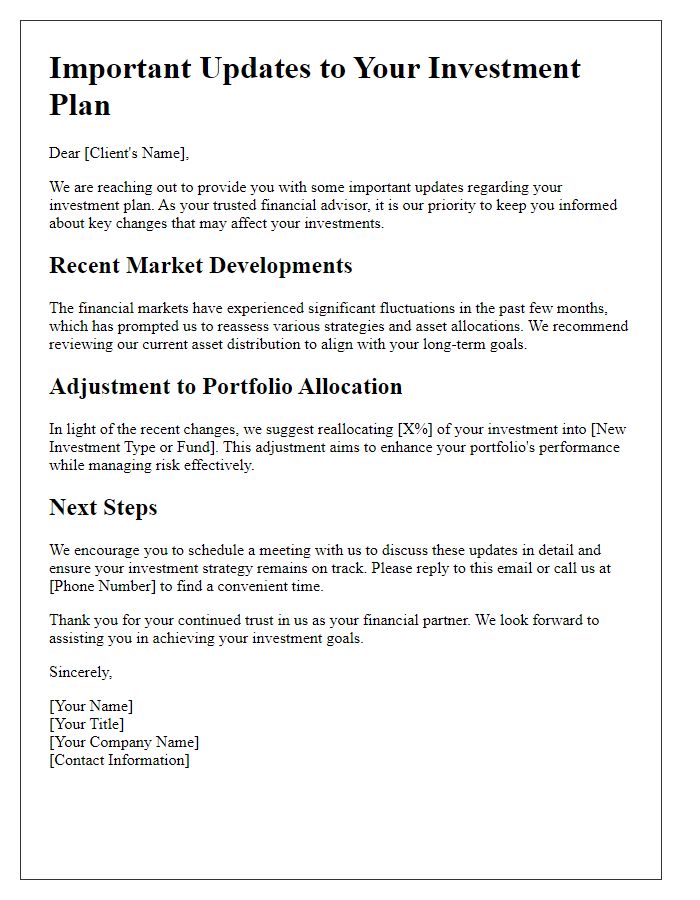 Letter template of important updates to your investment plan for clients