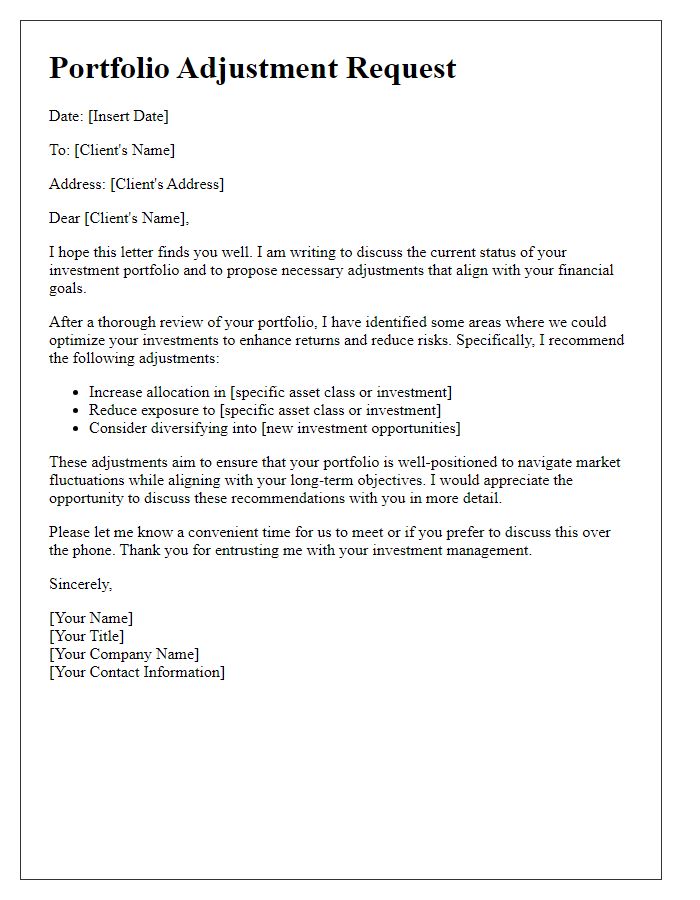 Letter template of portfolio adjustment request for client investments