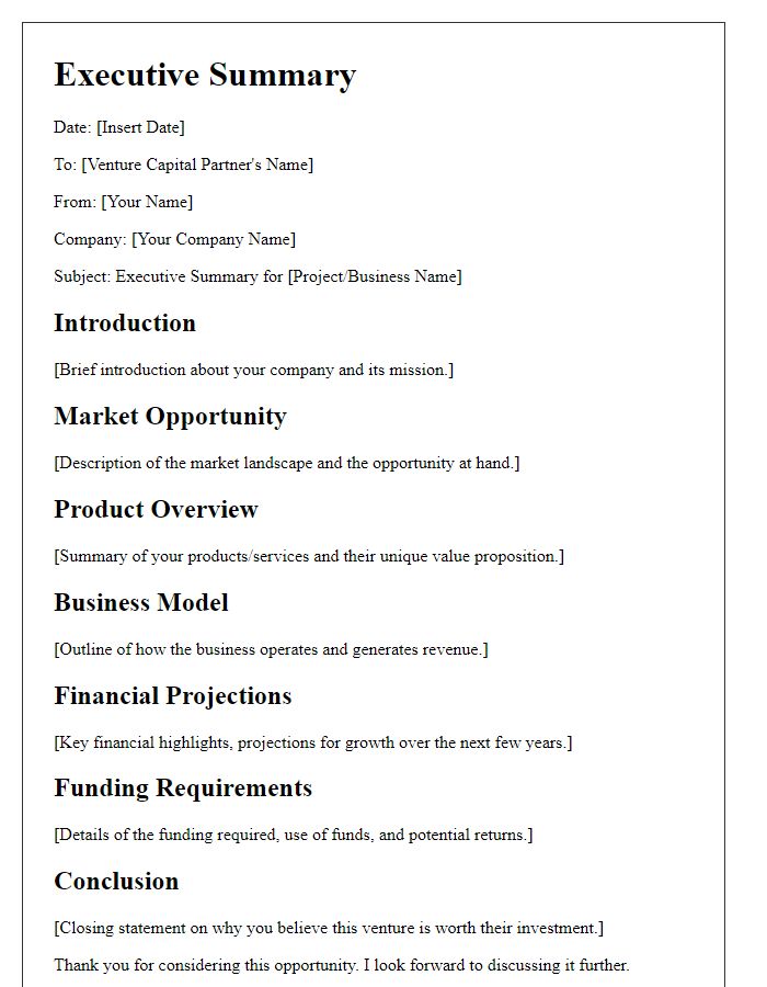 Letter template of executive summary for venture capital partners.