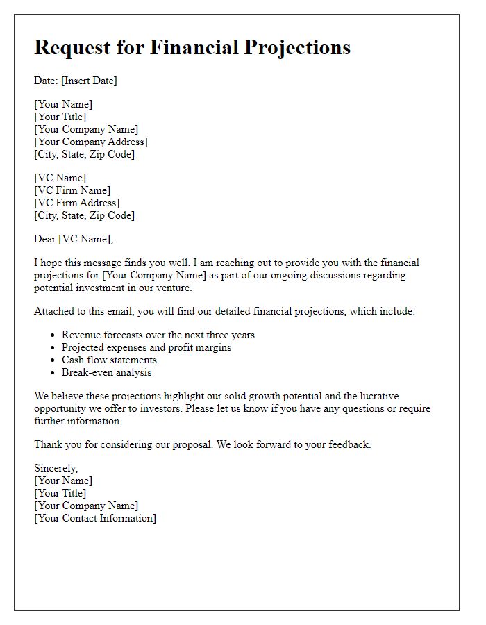 Letter template of financial projections request for VC investment.