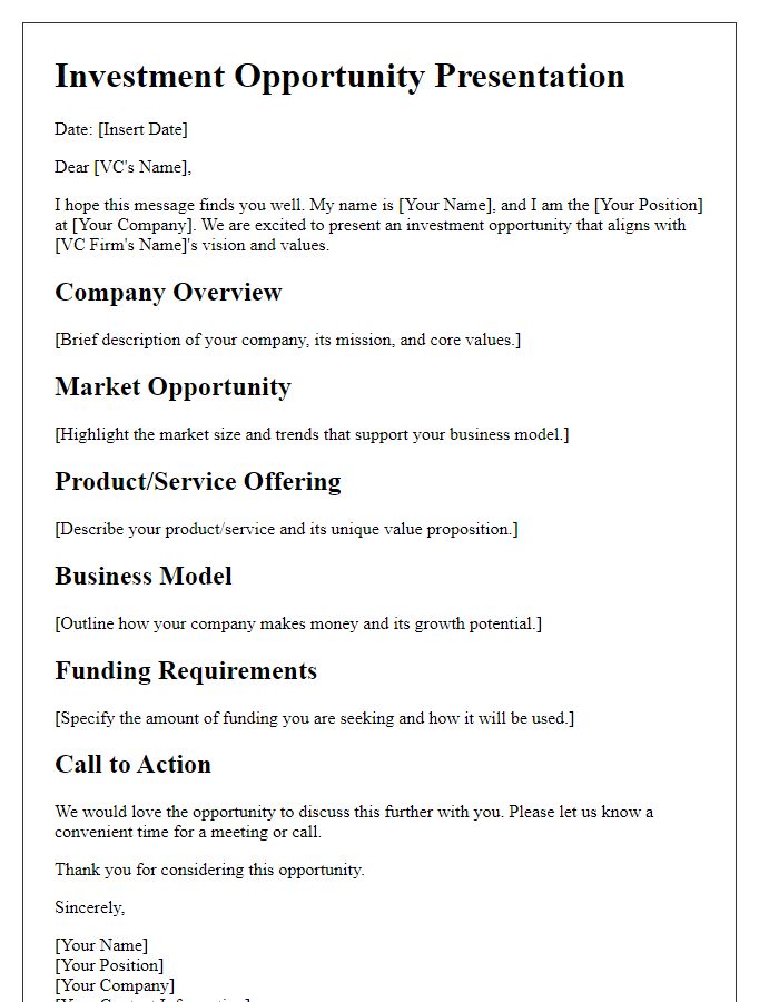 Letter template of investment opportunity presentation for VC.