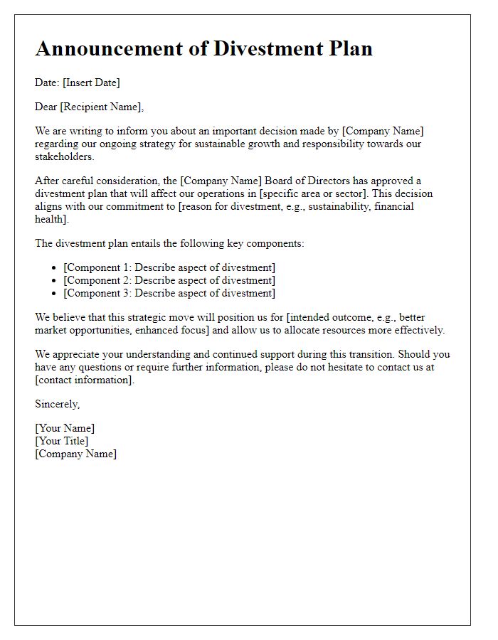 Letter template of divestment plan announcement.