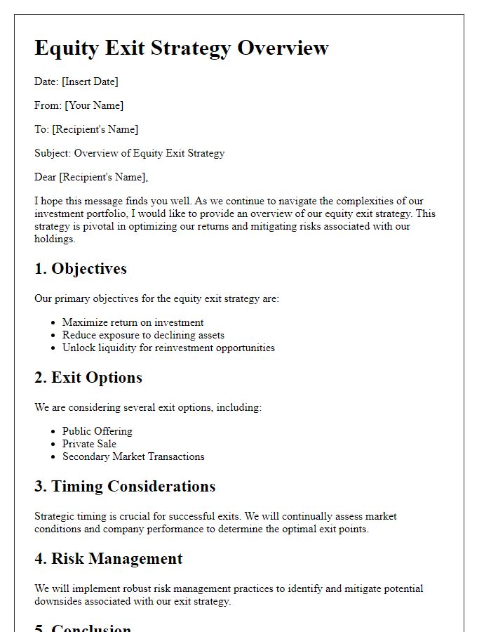 Letter template of equity exit strategy overview.