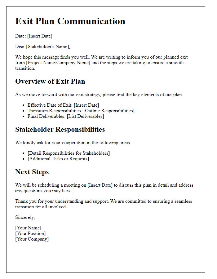 Letter template of exit plan communication to stakeholders.