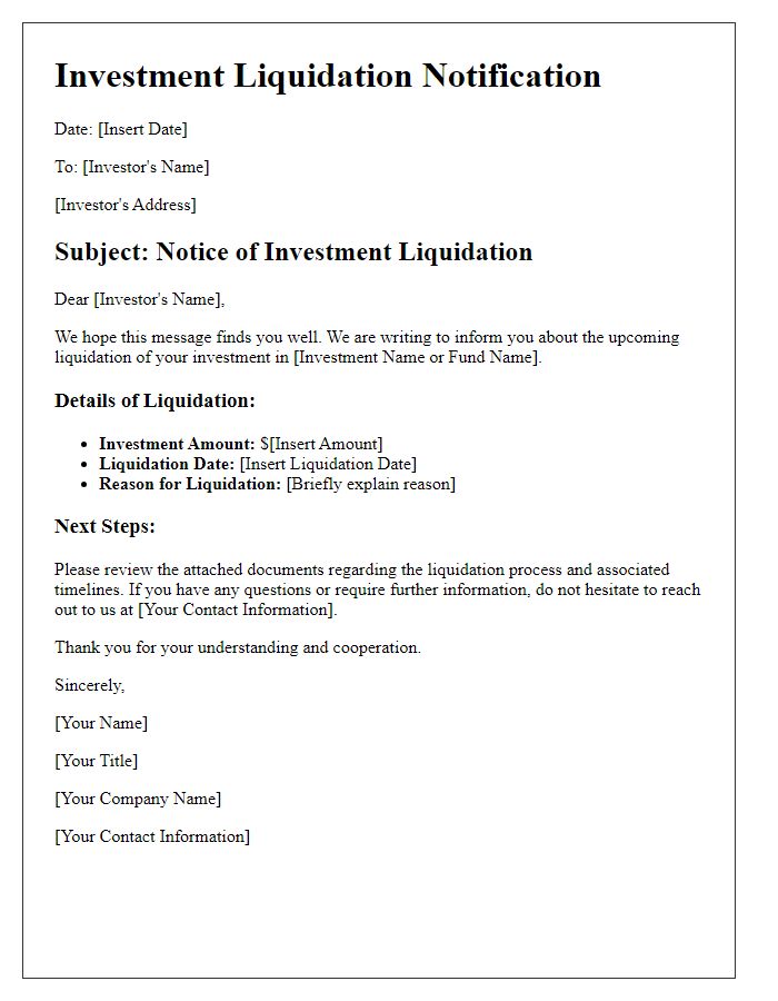 Letter template of investment liquidation outline.