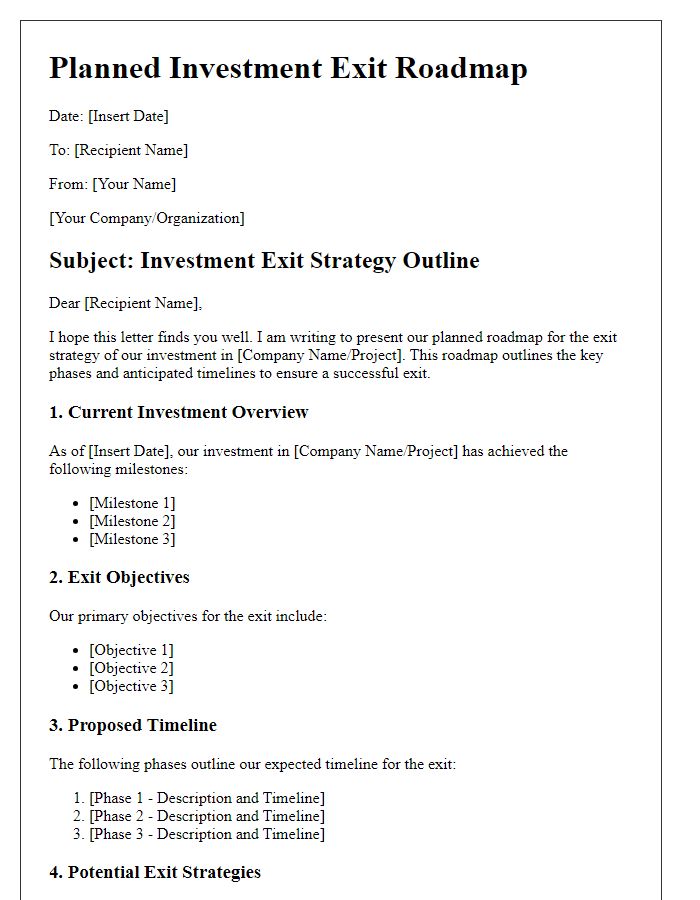 Letter template of planned investment exit roadmap.