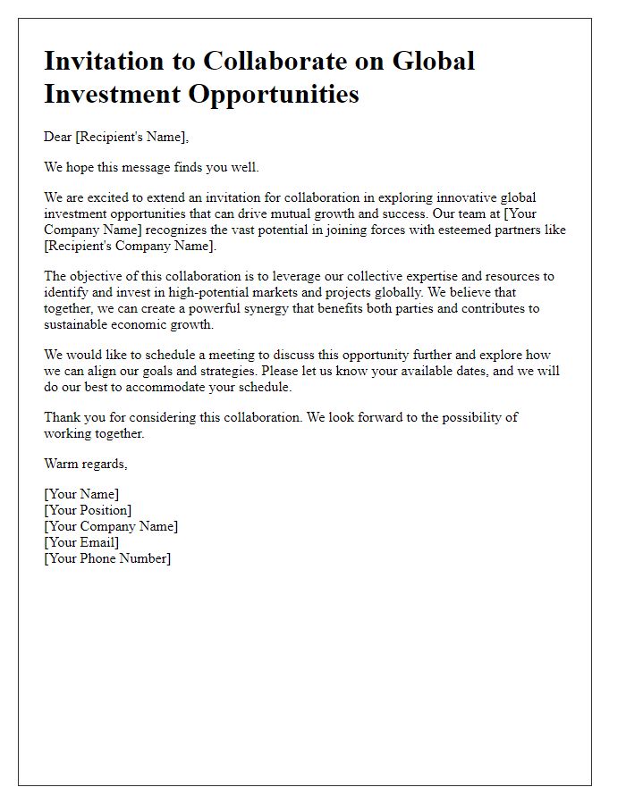 Letter template of global investment collaboration invitation.