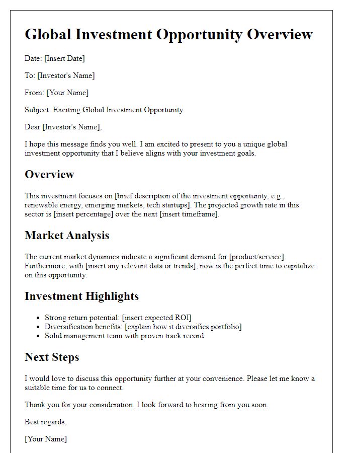 Letter template of global investment opportunity overview.