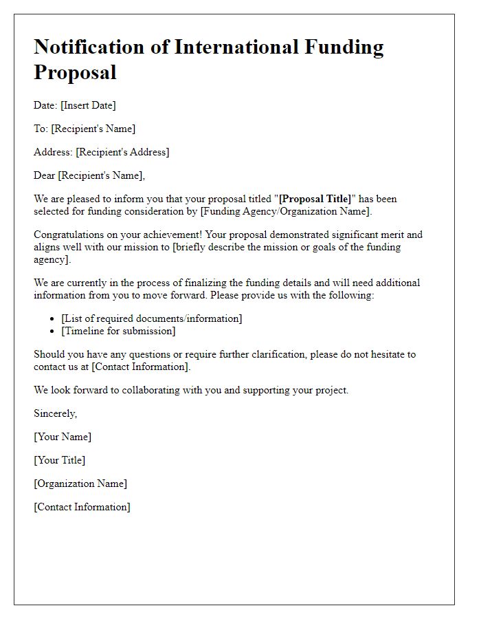 Letter template of international funding proposal notification.