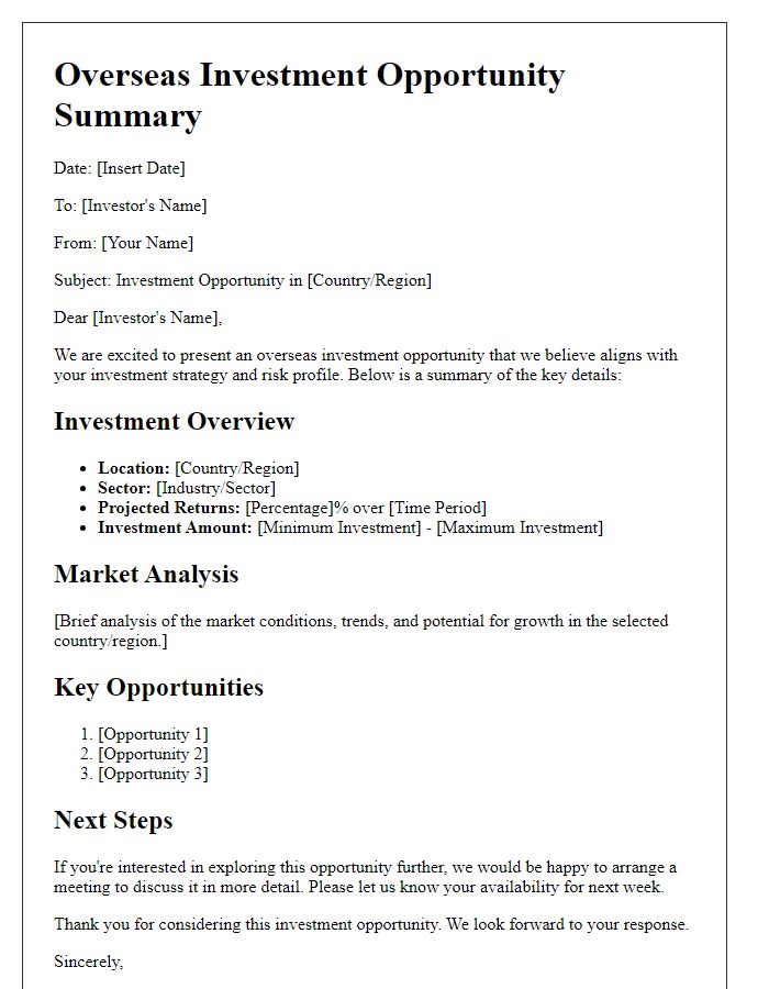 Letter template of overseas investment opportunity summary.