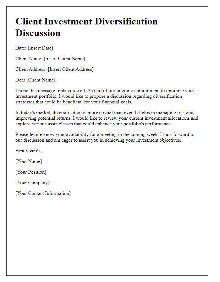 Letter template of client investment diversification discussion