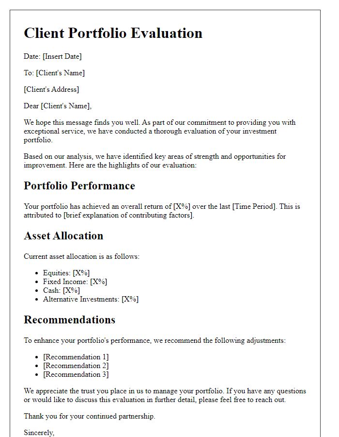 Letter template of client portfolio evaluation