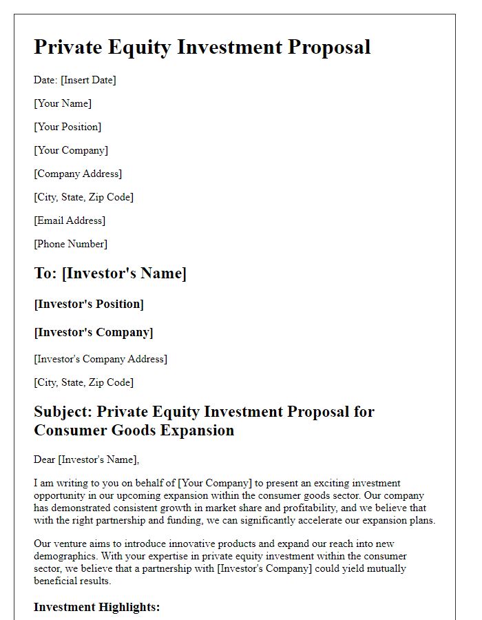 Letter template of private equity investment proposal for consumer goods expansion.