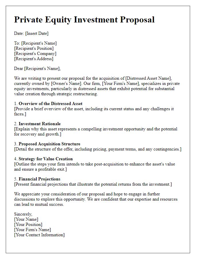 Letter template of private equity investment proposal for distressed asset acquisition.