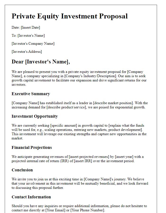 Letter template of private equity investment proposal for growth capital investment.