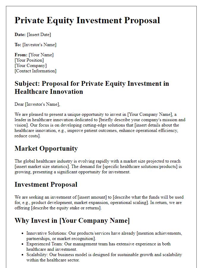 Letter template of private equity investment proposal for healthcare innovation.