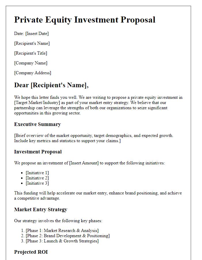 Letter template of private equity investment proposal for market entry strategy.