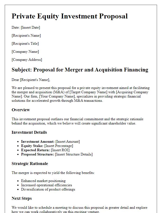 Letter template of private equity investment proposal for merger and acquisition financing.