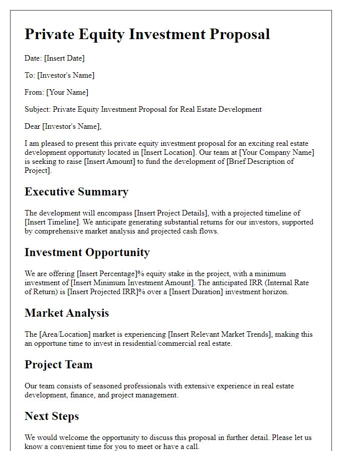 Letter template of private equity investment proposal for real estate development.