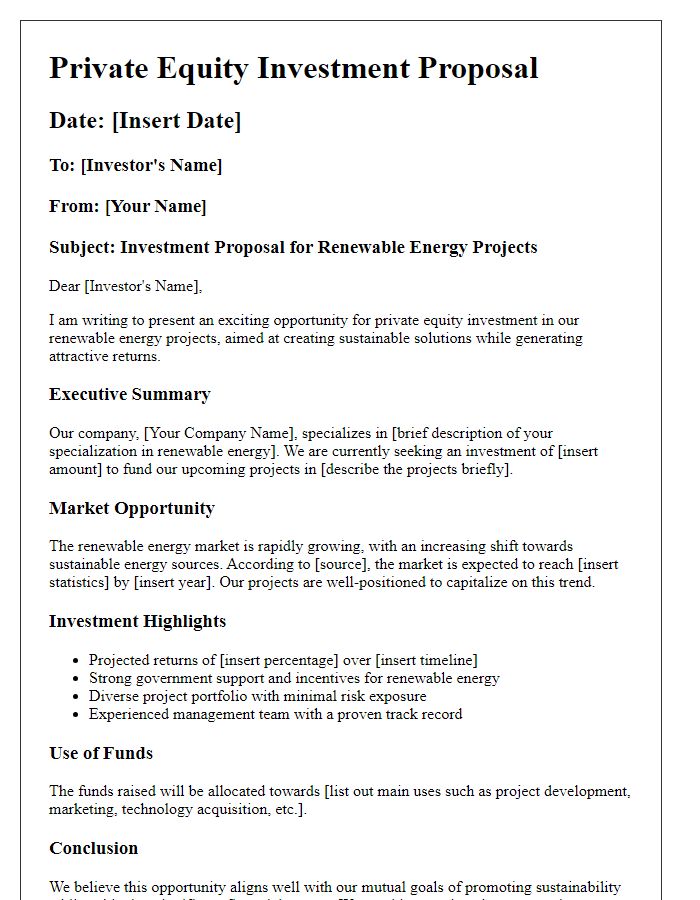 Letter template of private equity investment proposal for renewable energy projects.