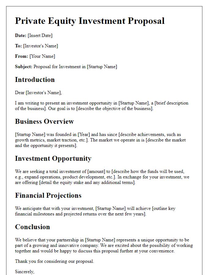 Letter template of private equity investment proposal for startup funding.