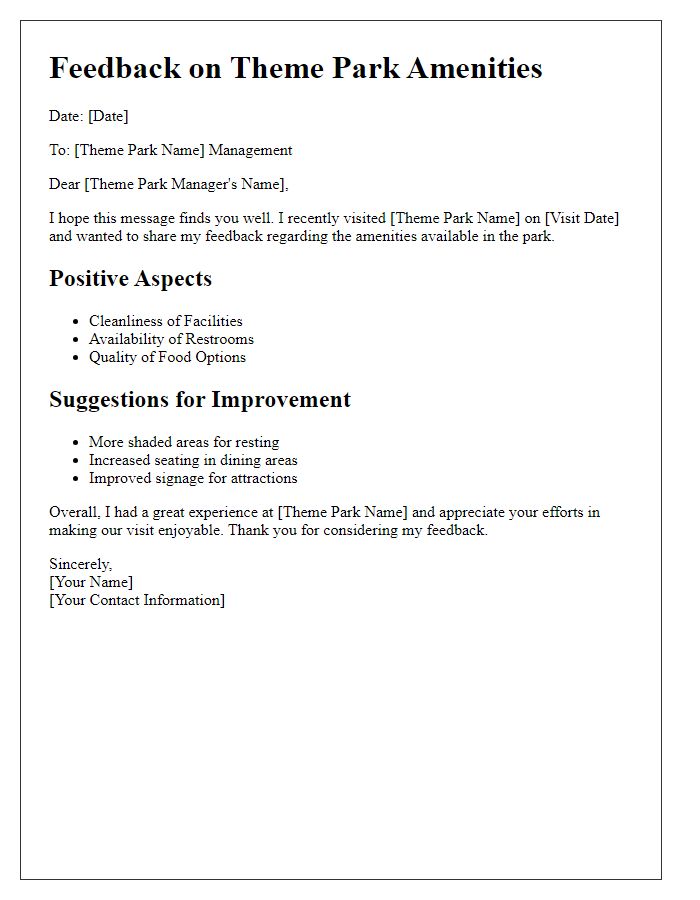 Letter template of theme park amenities feedback