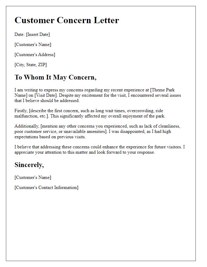 Letter template of theme park customer concerns